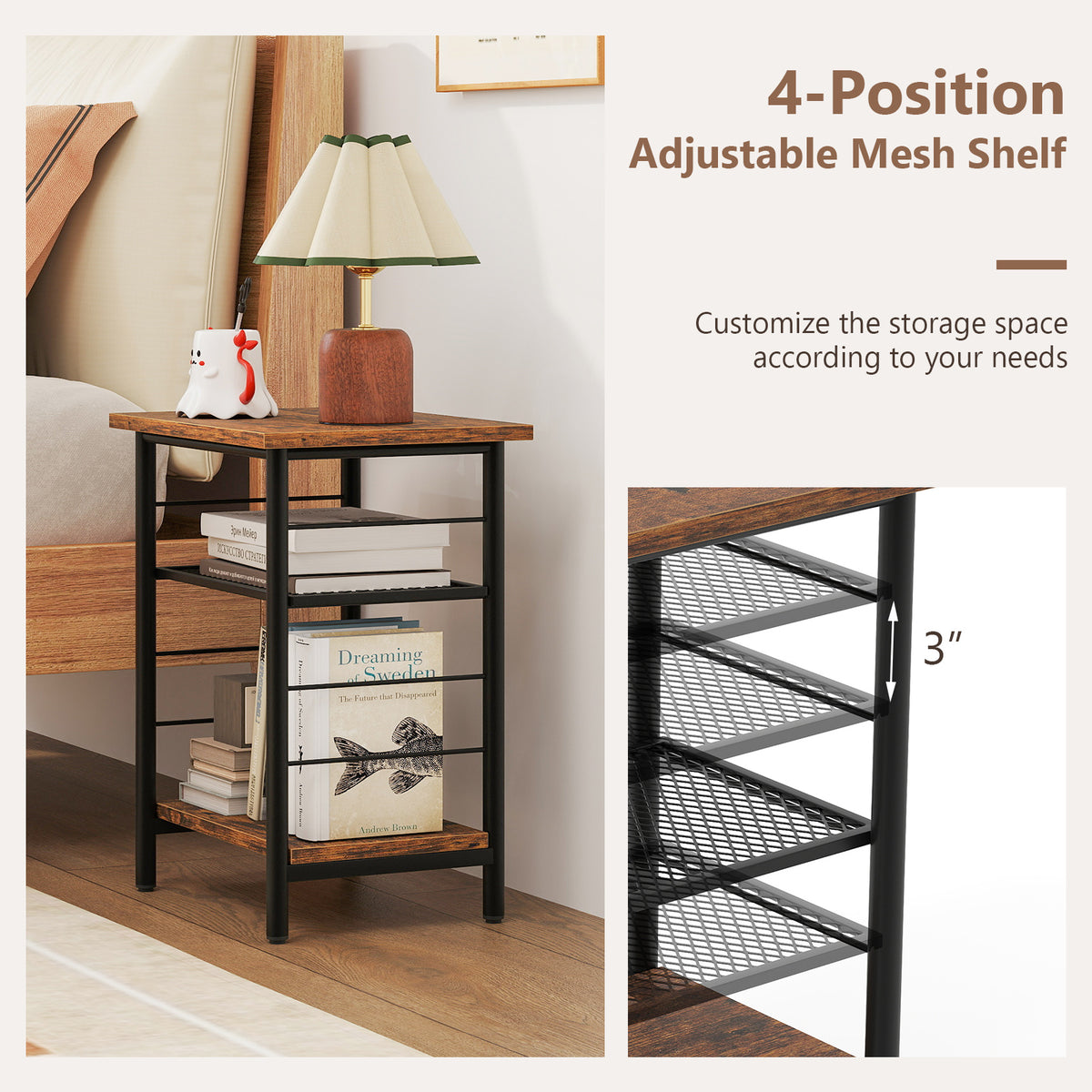 3-Tier End Table Set of 2, Side Table with Storage Shelves