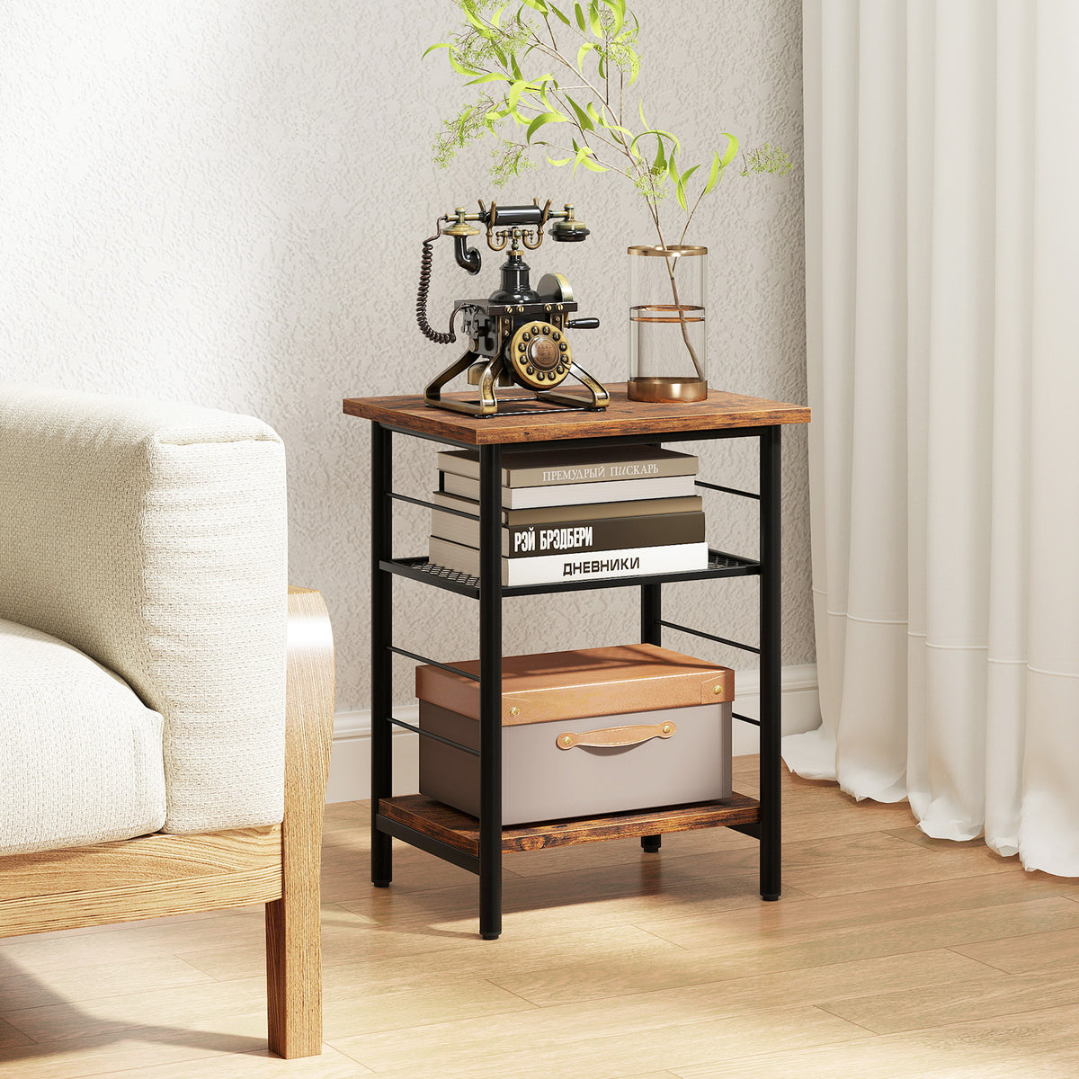 3-Tier End Table Set of 2, Side Table with Storage Shelves