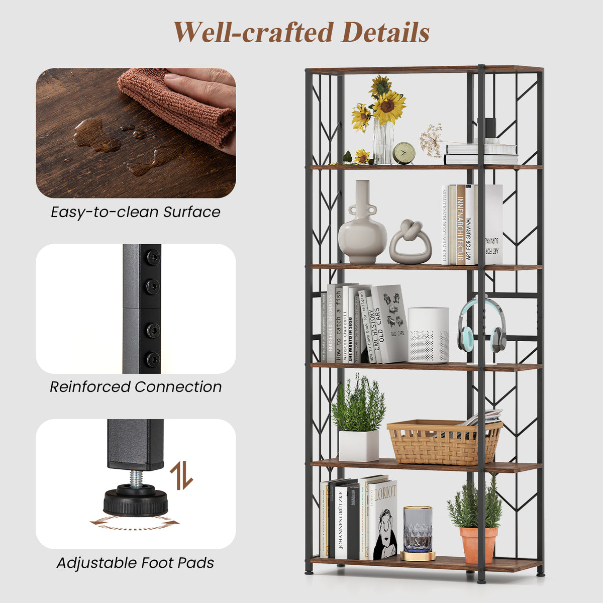 6-Tier Bookshelf Modern Geometric Bookcase