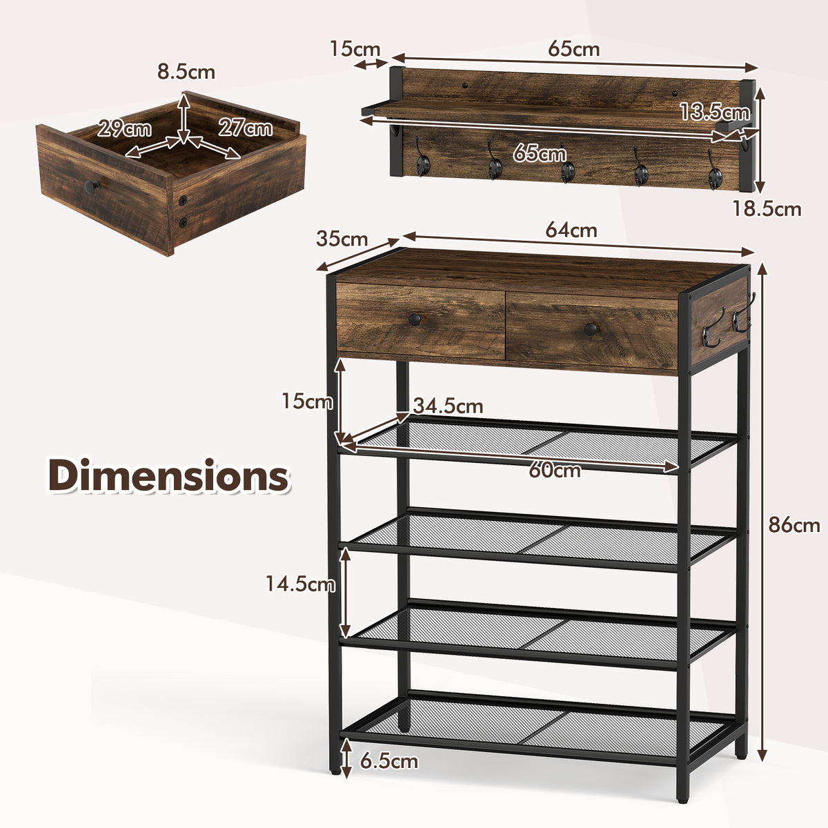 Coat Rack Shoe Stand Set 5-Tier Shoe Rack with Wall-Mounted Coat Rack