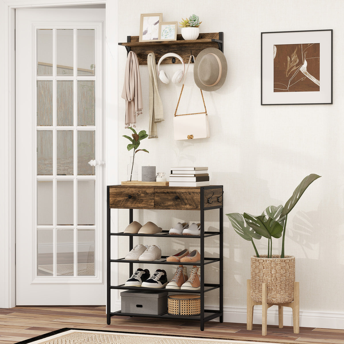 Coat Rack Shoe Stand Set 5-Tier Shoe Rack with Wall-Mounted Coat Rack