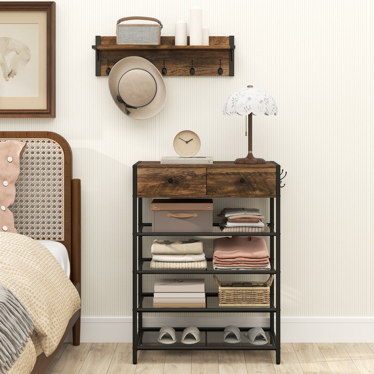 Coat Rack Shoe Stand Set 5-Tier Shoe Rack with Wall-Mounted Coat Rack