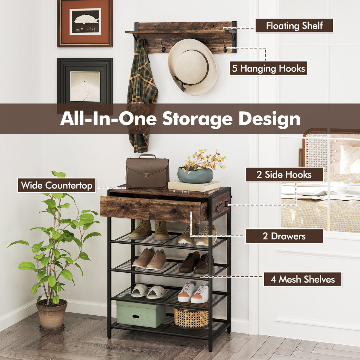 Coat Rack Shoe Stand Set 5-Tier Shoe Rack with Wall-Mounted Coat Rack