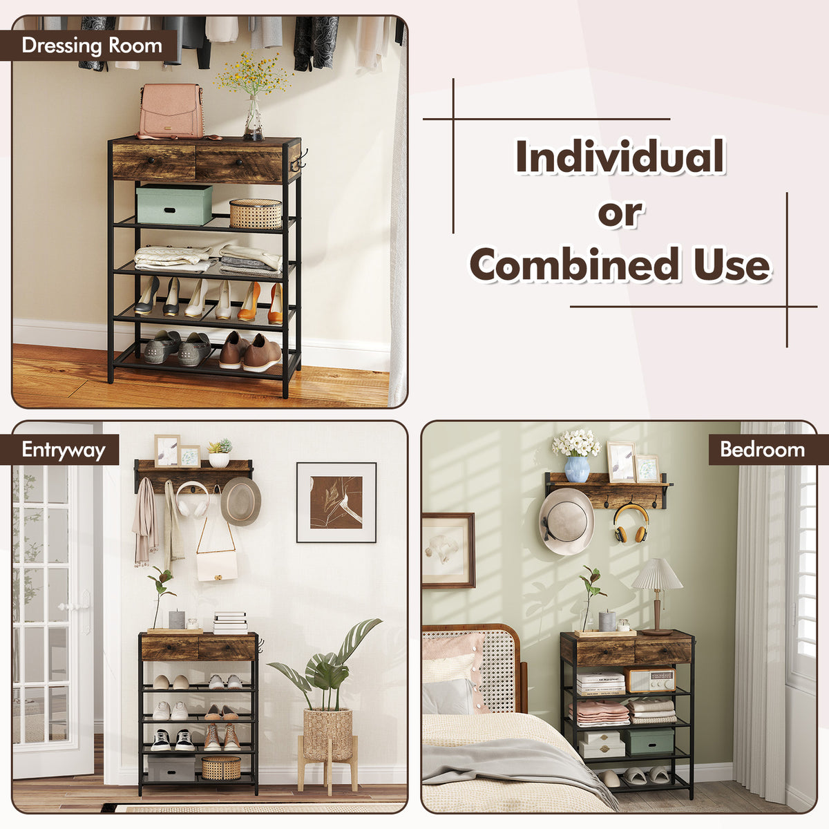 Coat Rack Shoe Stand Set 5-Tier Shoe Rack with Wall-Mounted Coat Rack