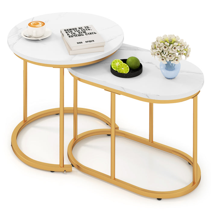 Giantex Modern Nesting Coffee Table Set of 2, Accent Marble Look Coffee Table Set, Marble & Golden