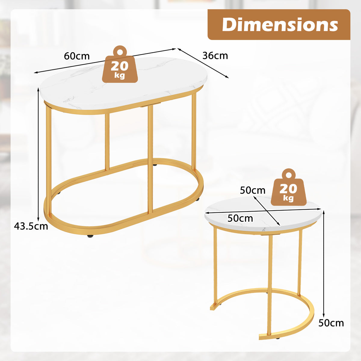 Giantex Modern Nesting Coffee Table Set of 2, Accent Marble Look Coffee Table Set, Marble & Golden