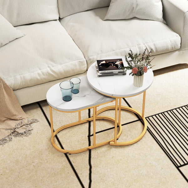 Giantex Modern Nesting Coffee Table Set of 2, Accent Marble Look Coffee Table Set, Marble & Golden