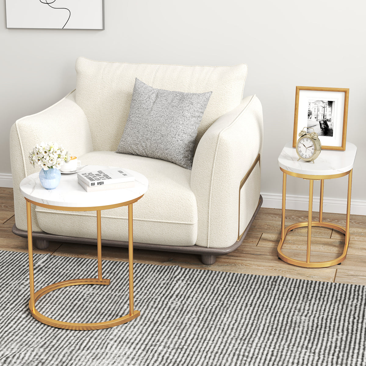 Giantex Modern Nesting Coffee Table Set of 2, Accent Marble Look Coffee Table Set, Marble & Golden