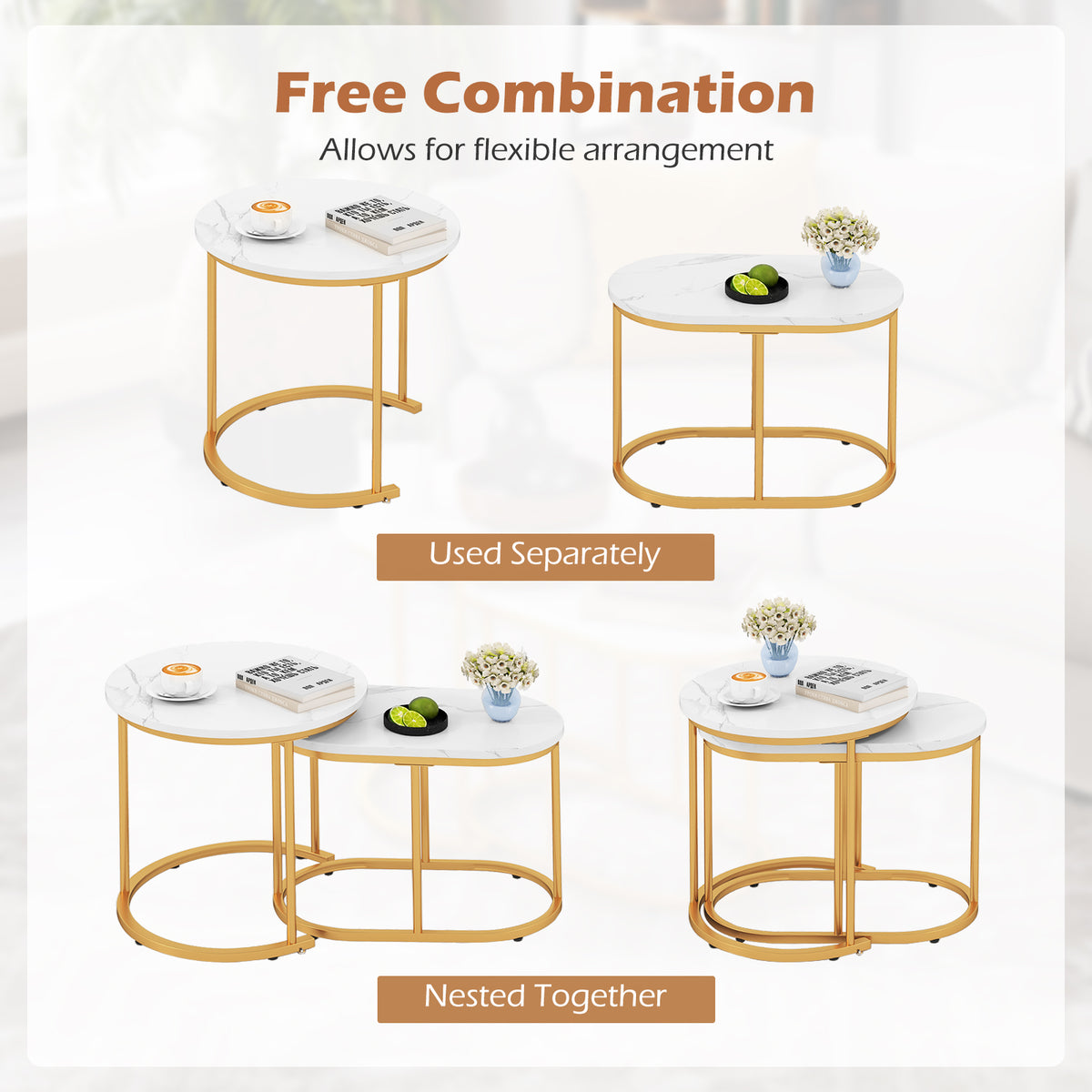 Giantex Modern Nesting Coffee Table Set of 2, Accent Marble Look Coffee Table Set, Marble & Golden