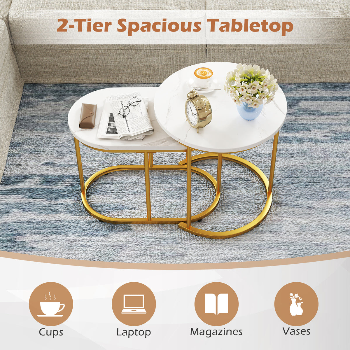 Giantex Modern Nesting Coffee Table Set of 2, Accent Marble Look Coffee Table Set, Marble & Golden
