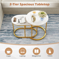 Giantex Modern Nesting Coffee Table Set of 2, Accent Marble Look Coffee Table Set, Marble & Golden