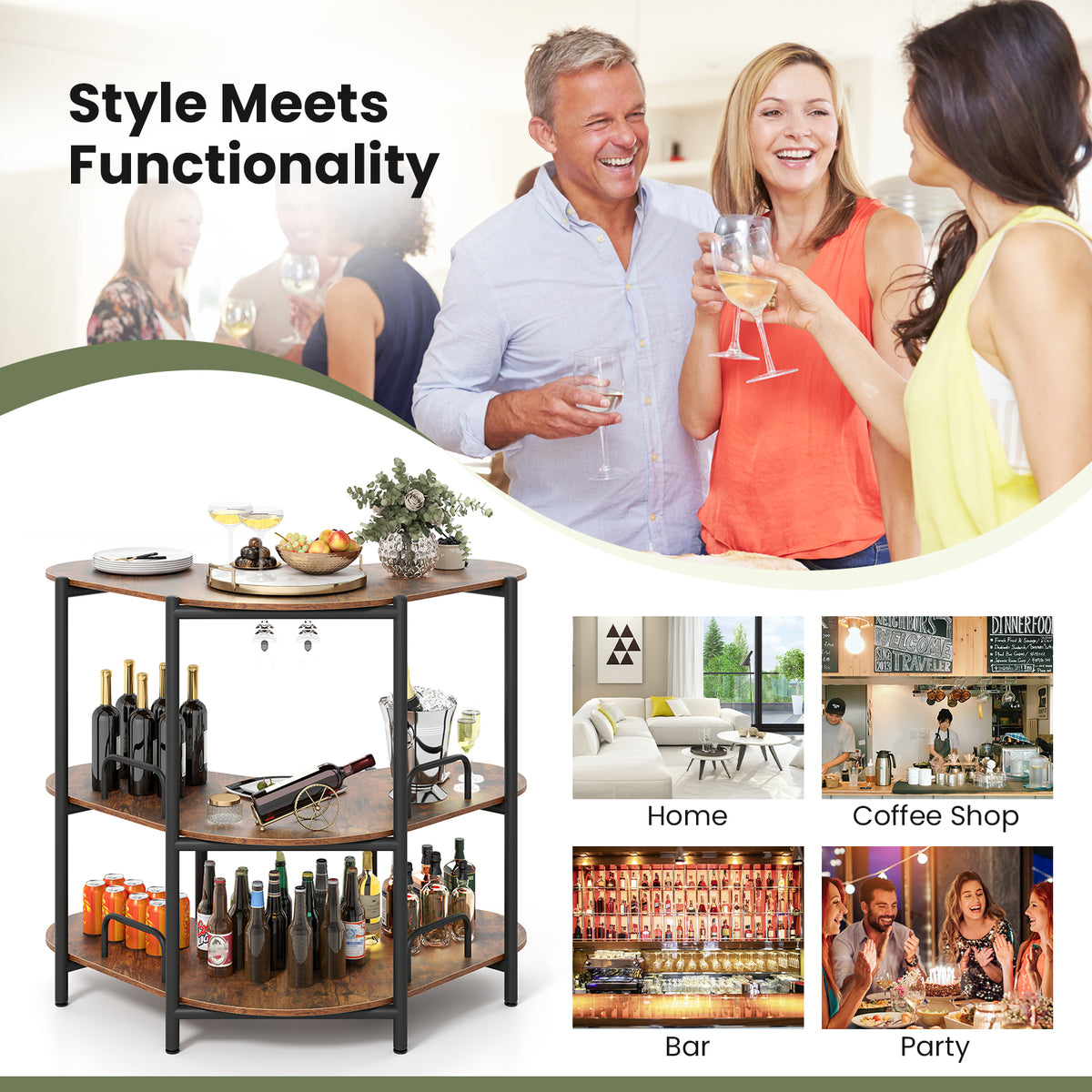 Bar Unit for Liquor, 3 Tier Corner Bar Table with Wine Glasses Holder