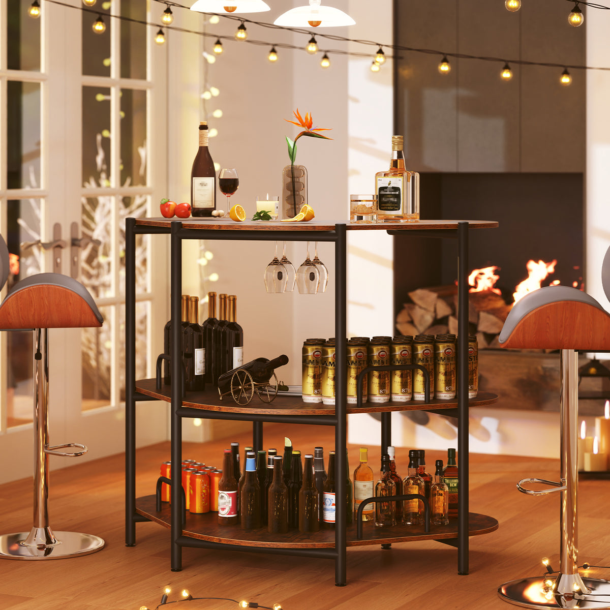Bar Unit for Liquor, 3 Tier Corner Bar Table with Wine Glasses Holder