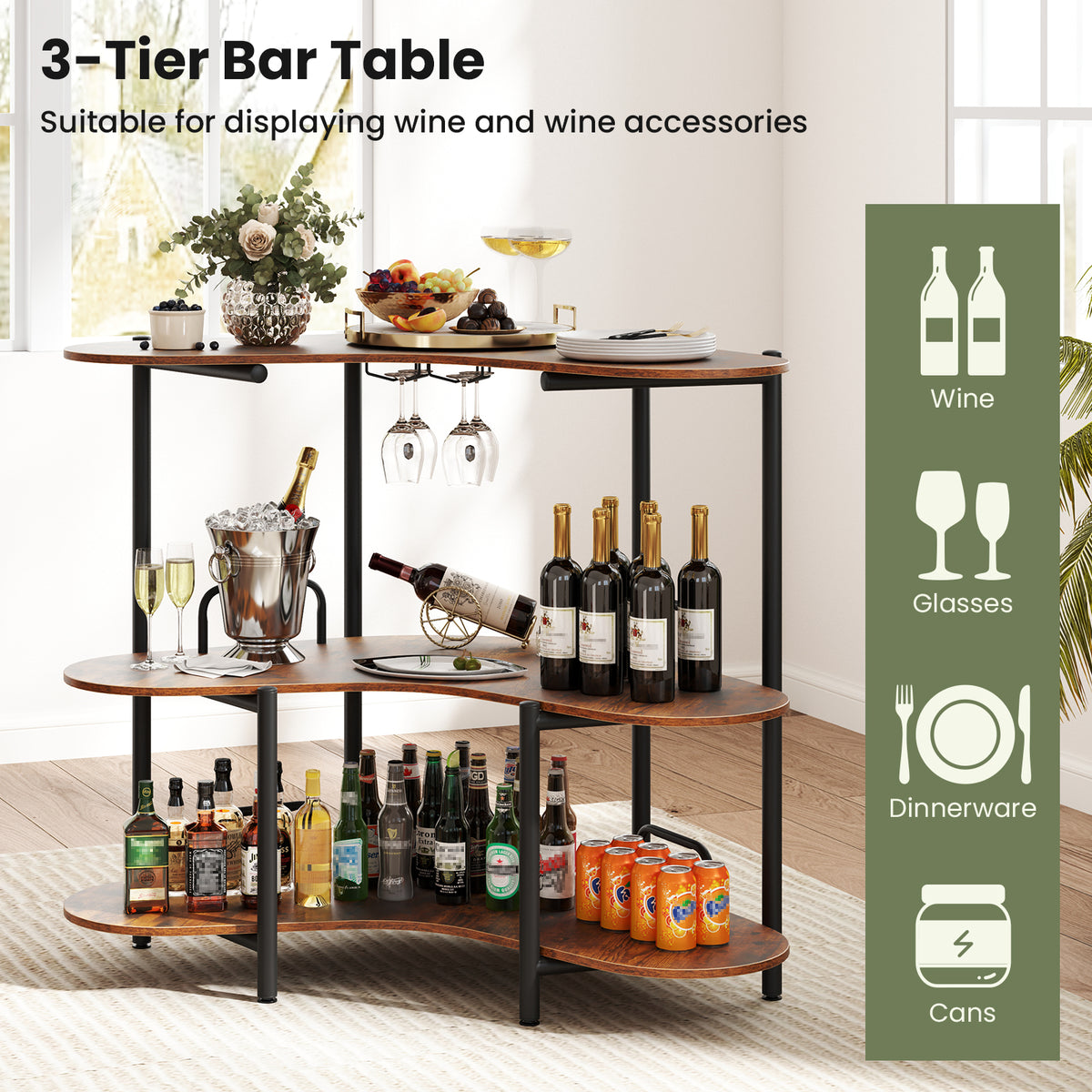 Bar Unit for Liquor, 3 Tier Corner Bar Table with Wine Glasses Holder
