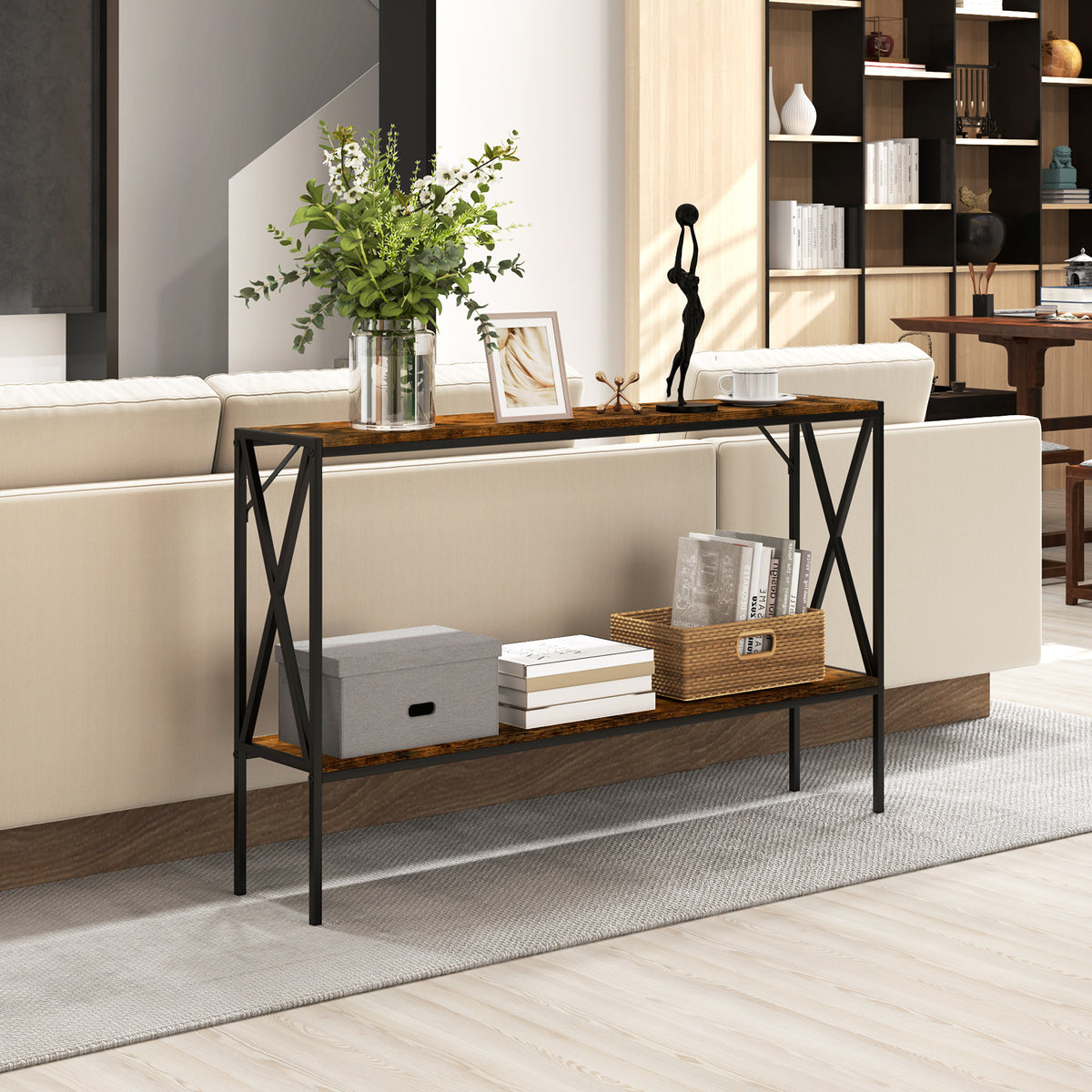 Table Examples Two Tier Industrial Console Table 2-Tier Narrow Sofa Table 120 CM Entrance Tabl ...