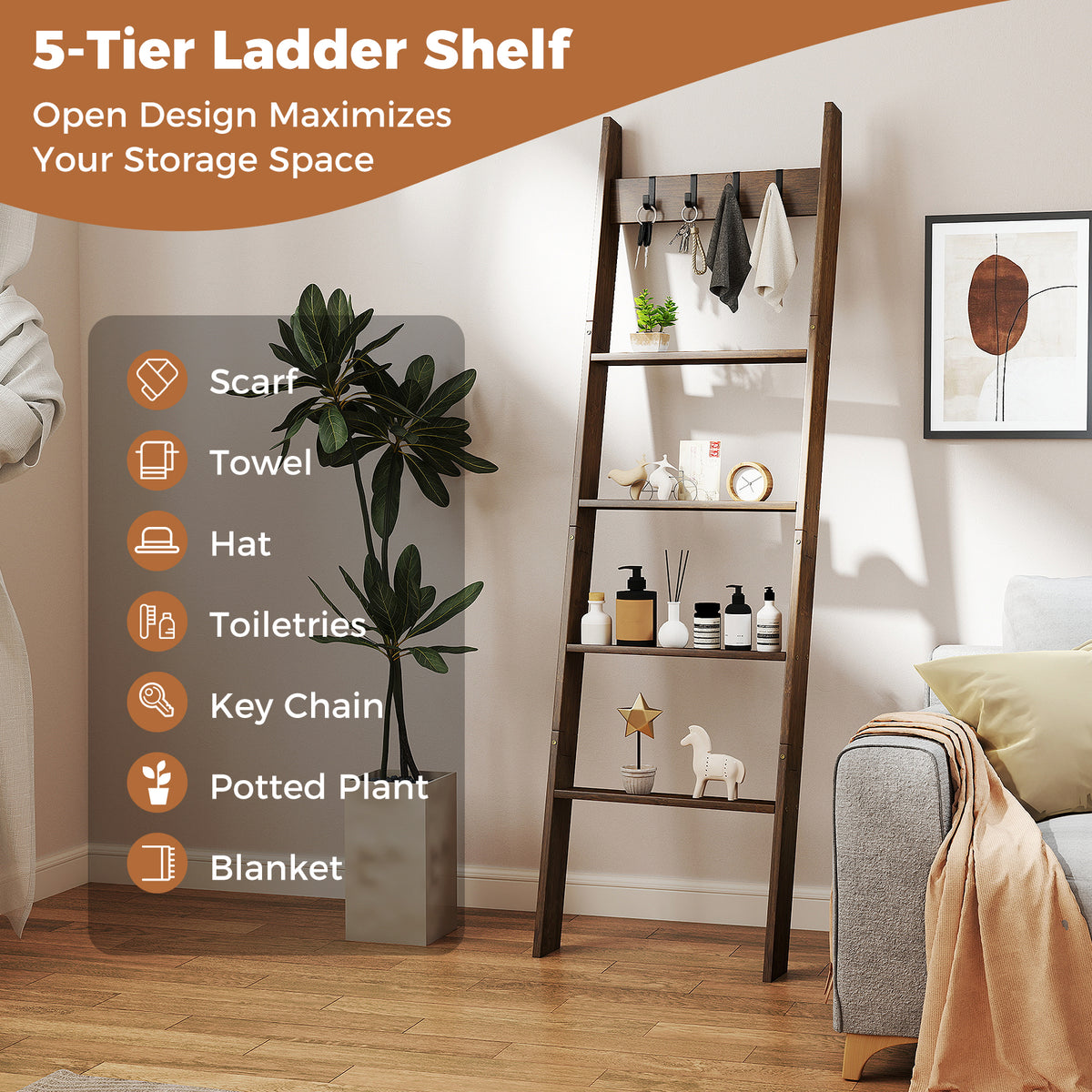 5-Tier Blanket Ladder, 148cm Bamboo Decorative Ladder Shelf