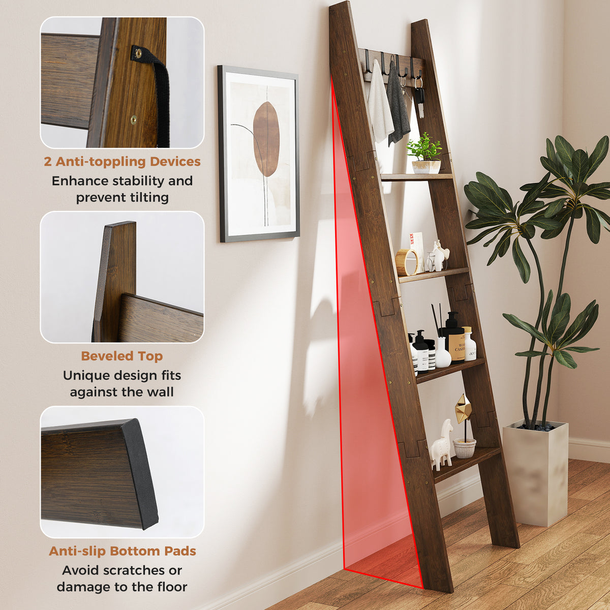 5-Tier Blanket Ladder, 148cm Bamboo Decorative Ladder Shelf