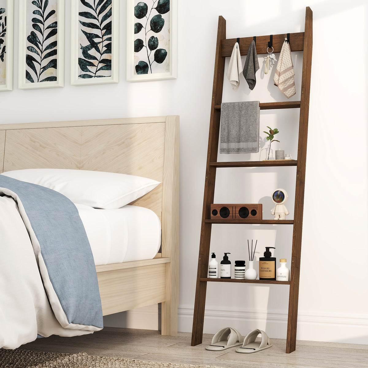 5-Tier Blanket Ladder, 148cm Bamboo Decorative Ladder Shelf