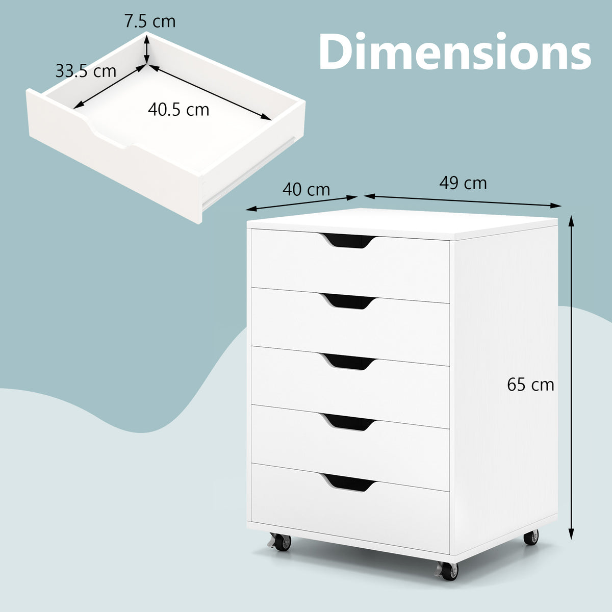 5-Drawer File Cabinet, Side Cabinet File Pedestal w/ 4 Castors