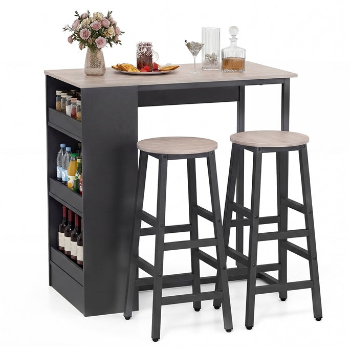 Giantex 3PCS Bar Table Set, Industrial Counter Height Table Set with 2 Bar Stools, Wooden Kitchen Dining Table Kit w/ 3-tier Side Shelf