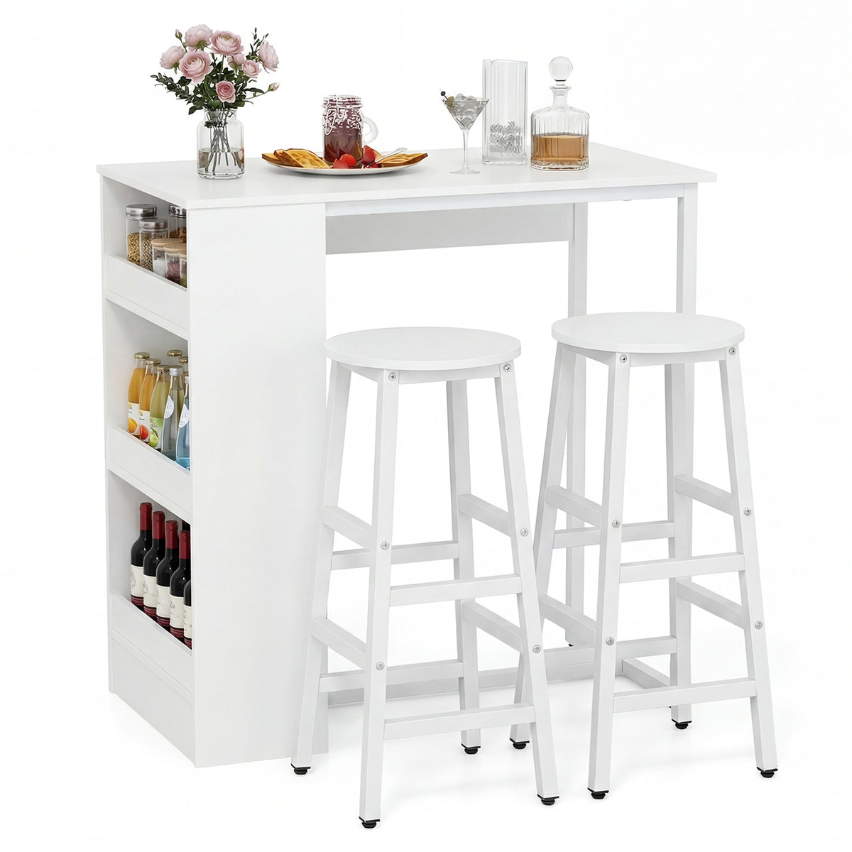 Giantex 3PCS Bar Table Set, Industrial Counter Height Table Set with 2 Bar Stools, Wooden Kitchen Dining Table Kit w/ 3-tier Side Shelf