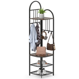 Corner Hall Tree, 4-Tier Coat Rack w/ Shoe Storage Bench