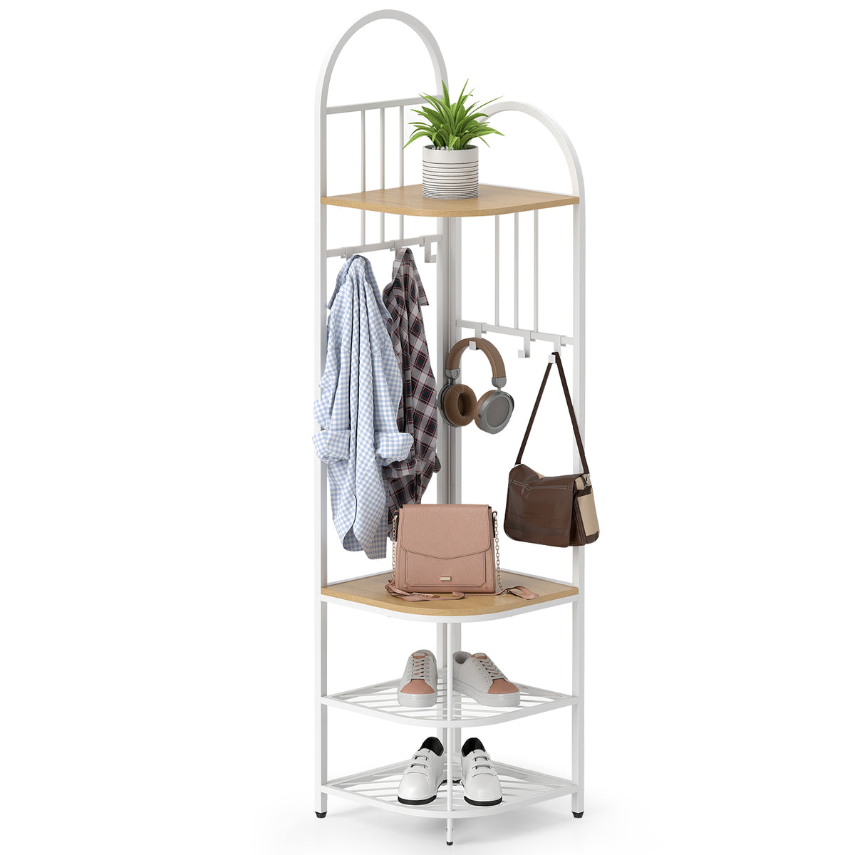 Corner Hall Tree, 4-Tier Coat Rack w/ Shoe Storage Bench