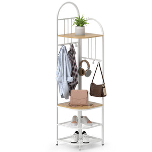 Corner Hall Tree, 4-Tier Coat Rack w/ Shoe Storage Bench