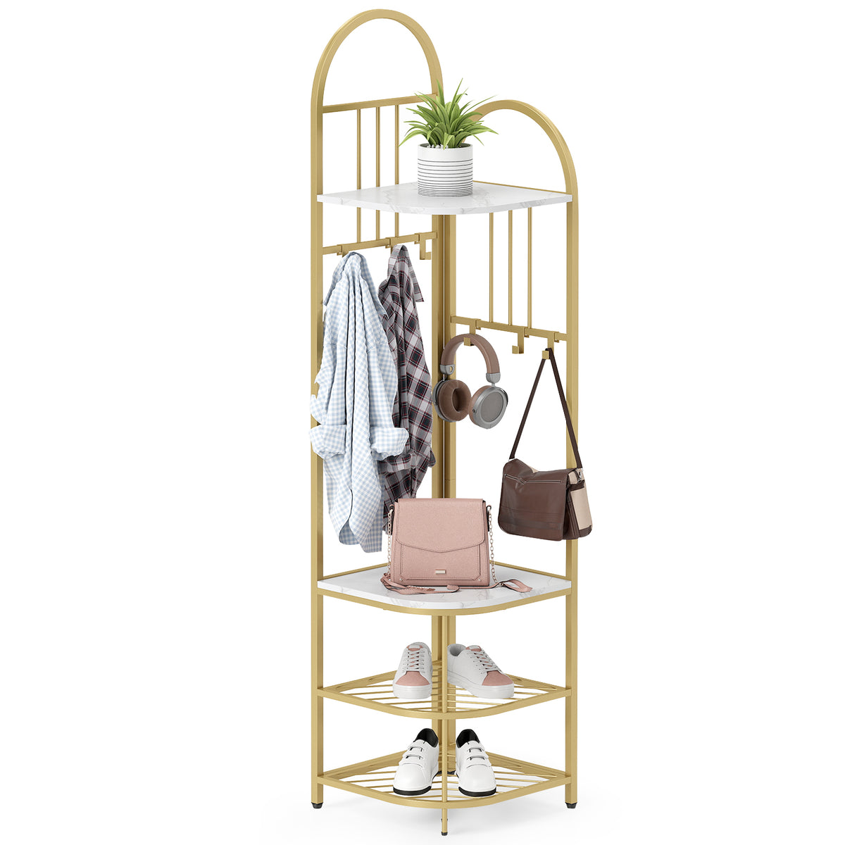 Corner Hall Tree, 4-Tier Coat Rack w/ Shoe Storage Bench