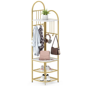 Corner Hall Tree, 4-Tier Coat Rack w/ Shoe Storage Bench