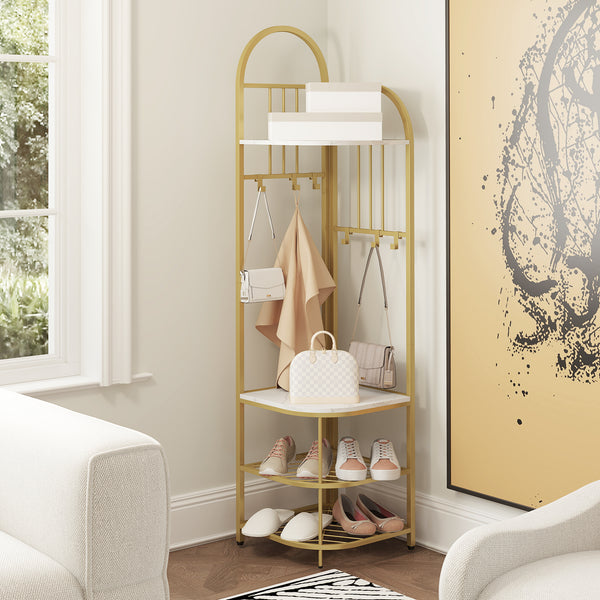 Corner Hall Tree, 4-Tier Coat Rack w/ Shoe Storage Bench