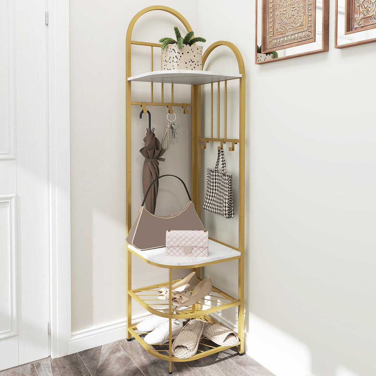 Corner Hall Tree, 4-Tier Coat Rack w/ Shoe Storage Bench