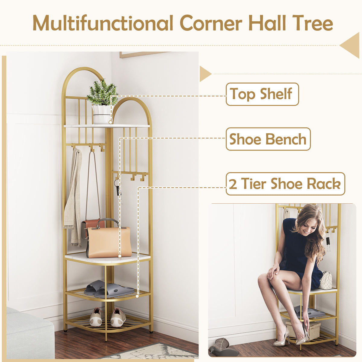 Corner Hall Tree, 4-Tier Coat Rack w/ Shoe Storage Bench