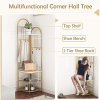 Corner Hall Tree, 4-Tier Coat Rack w/ Shoe Storage Bench