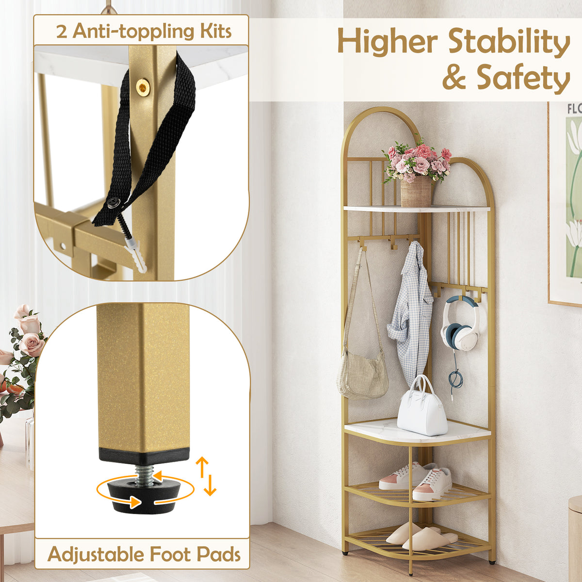 Corner Hall Tree, 4-Tier Coat Rack w/ Shoe Storage Bench