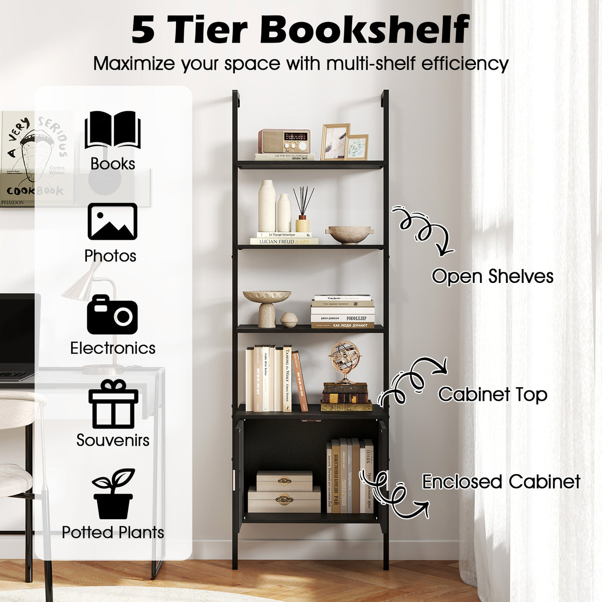 5 Tier Tall Bookshelf Wall Mount Ladder Bookcase