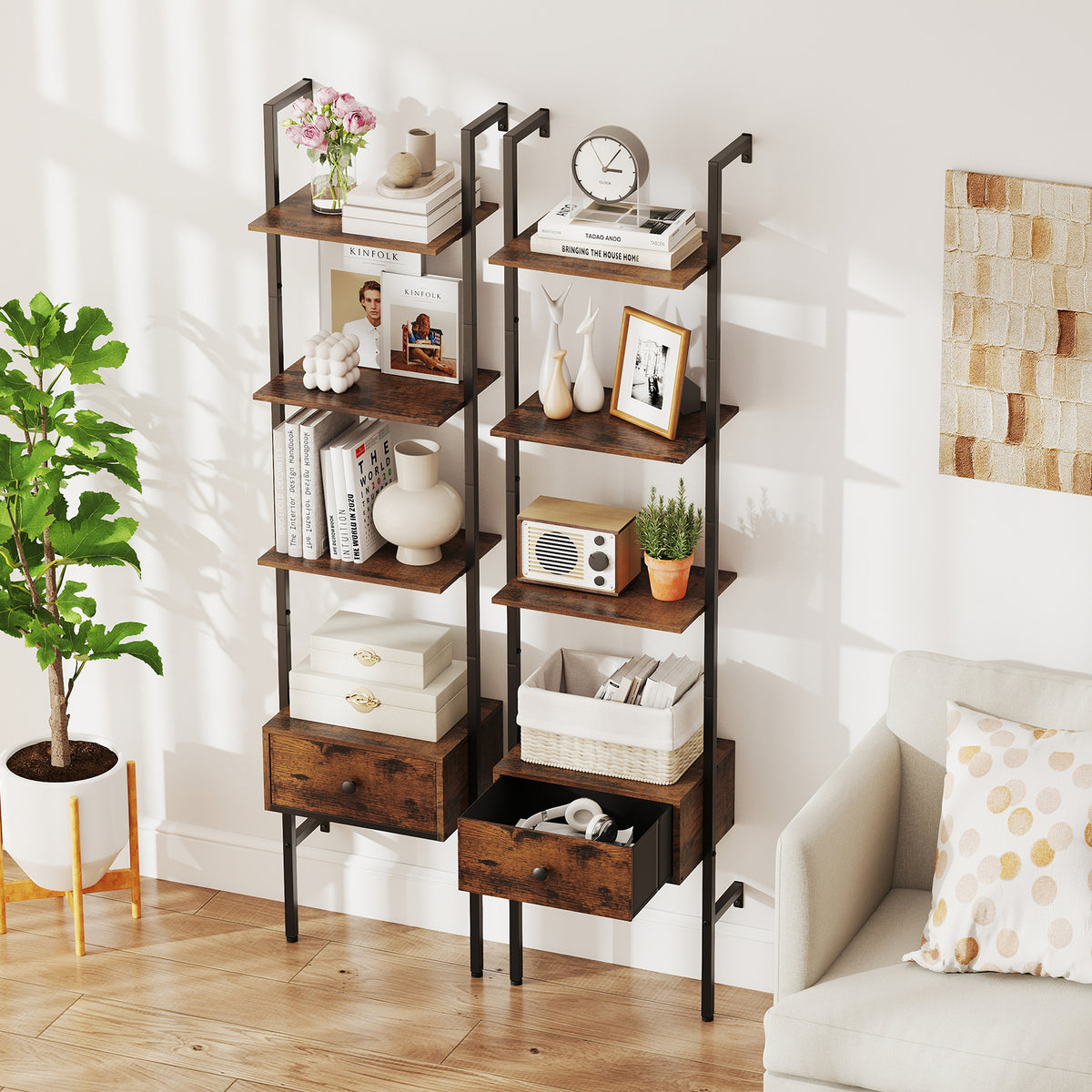 5-Tier Ladder Bookcase with Drawer