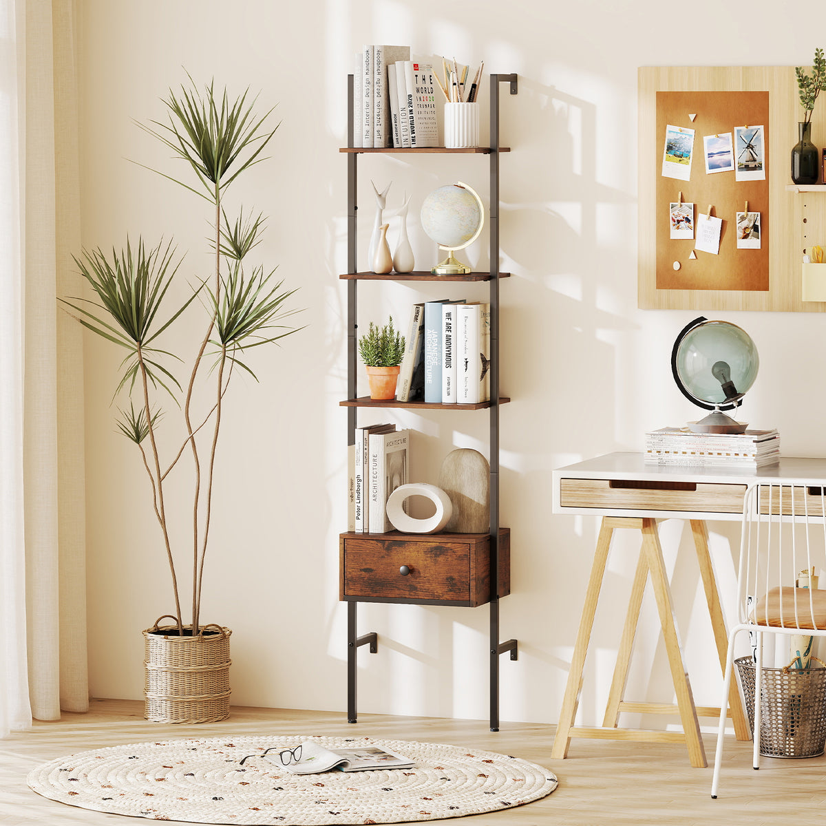 5-Tier Ladder Bookcase with Drawer