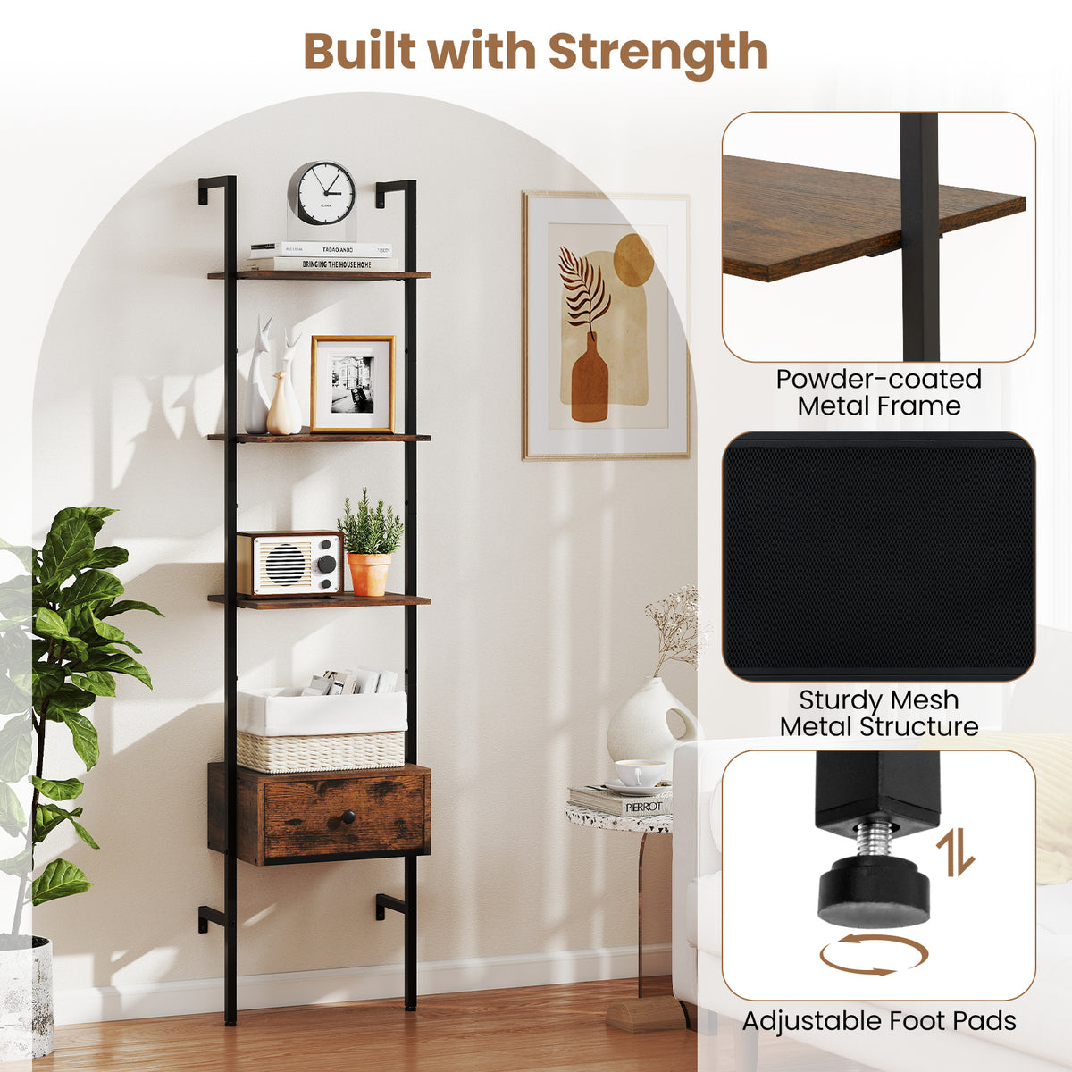5-Tier Ladder Bookcase with Drawer