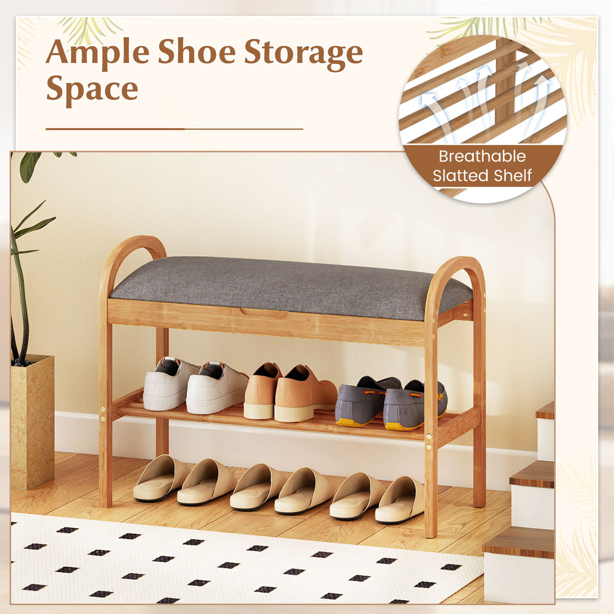 Bamboo Shoe Bench with Storage and Padded Cushion for Entrance