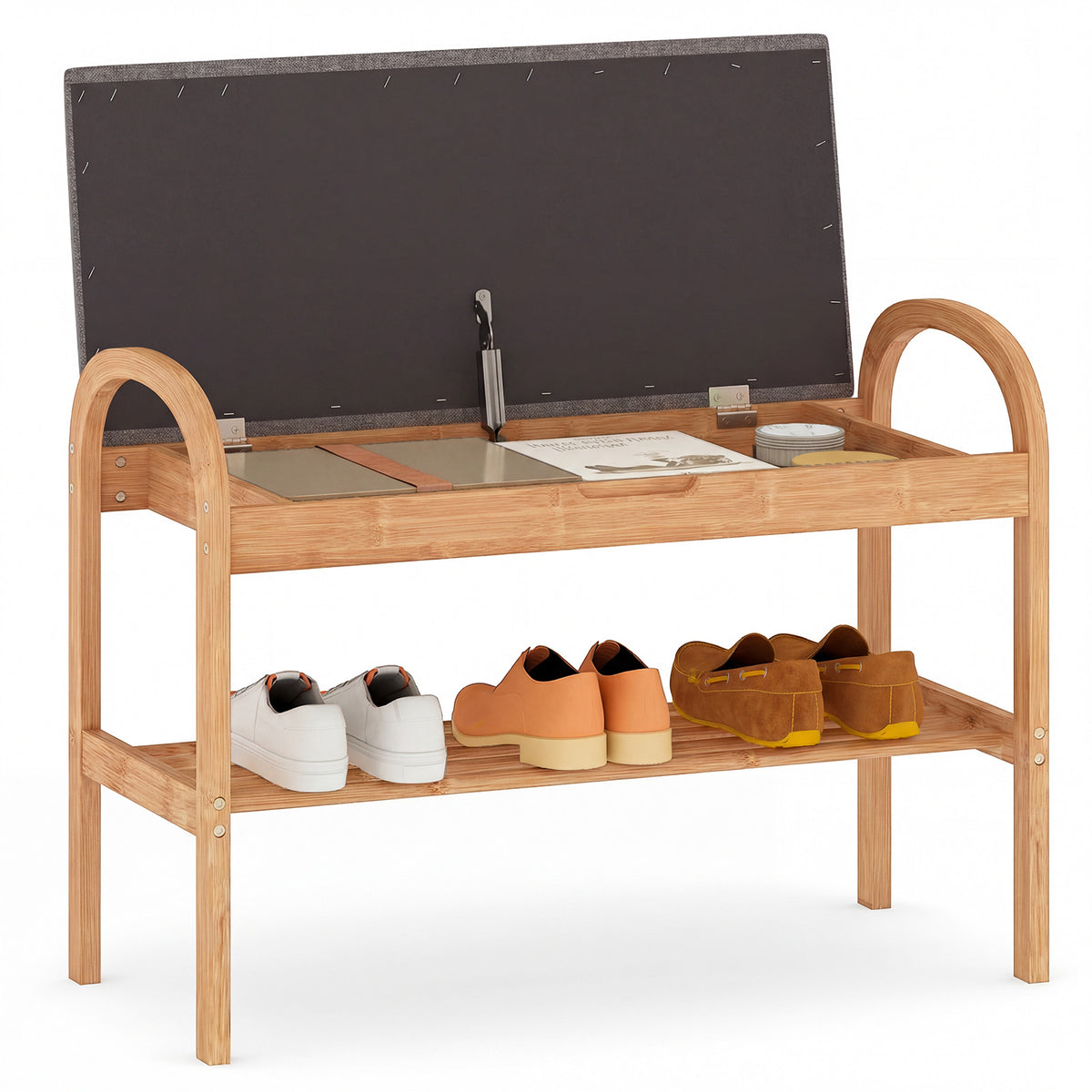 Bamboo Shoe Bench with Storage and Padded Cushion for Entrance