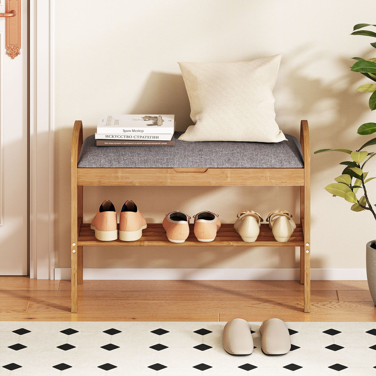 Bamboo Shoe Bench with Storage and Padded Cushion for Entrance