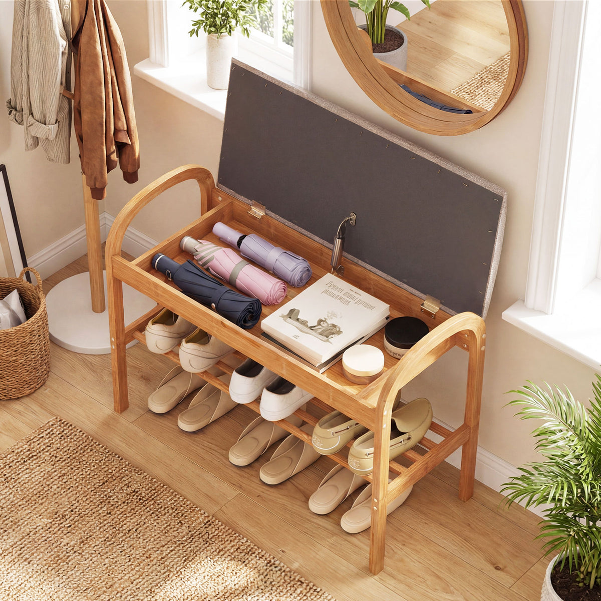Bamboo Shoe Bench with Storage and Padded Cushion for Entrance