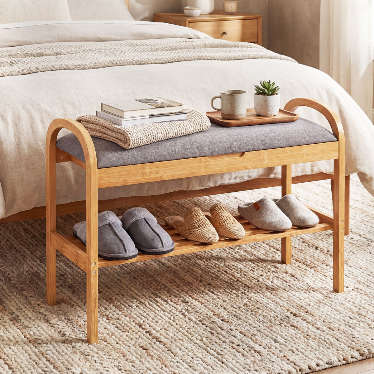 Bamboo Shoe Bench with Storage and Padded Cushion for Entrance