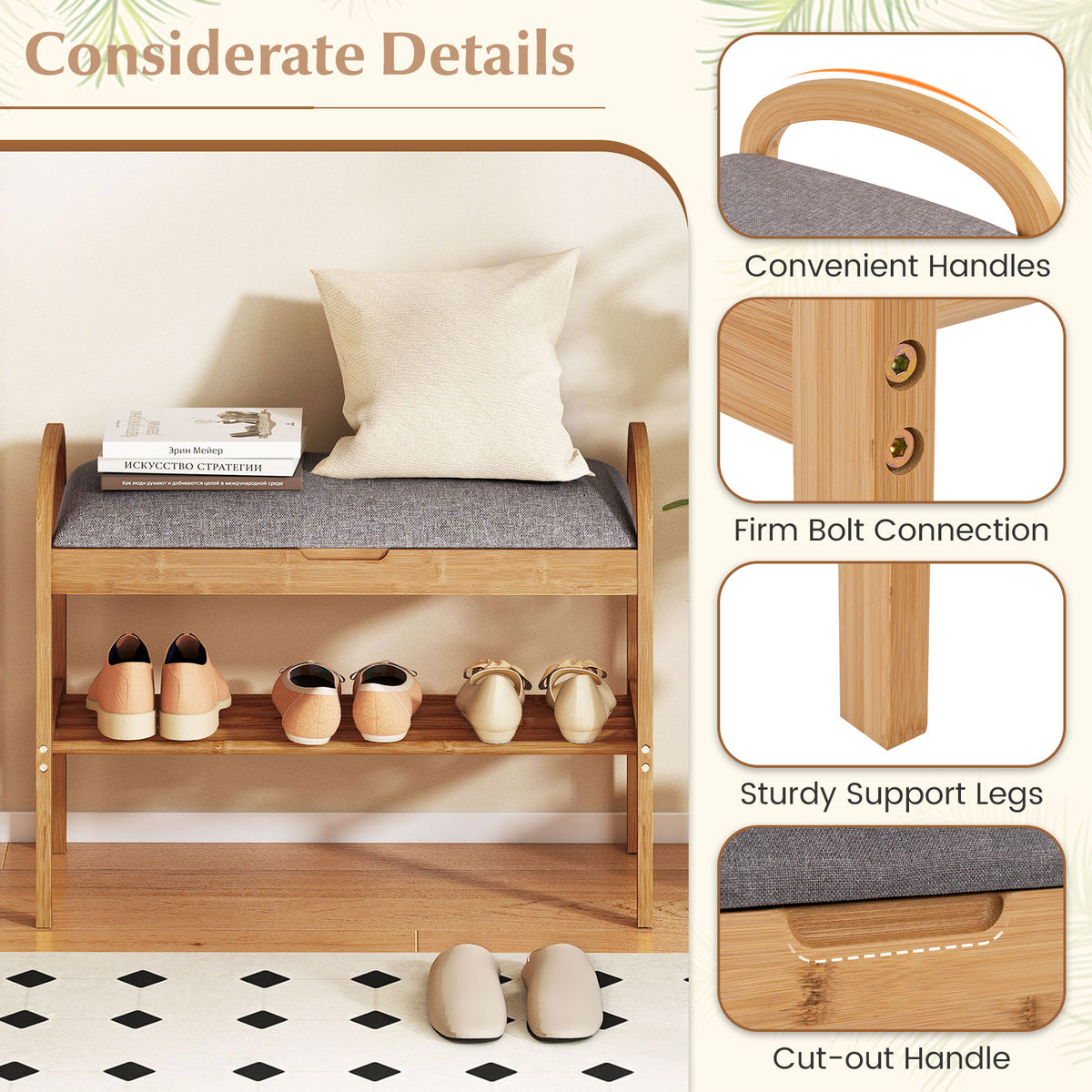 Bamboo Shoe Bench with Storage and Padded Cushion for Entrance