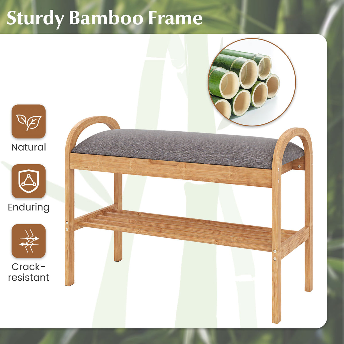 Bamboo Shoe Bench with Storage and Padded Cushion for Entrance