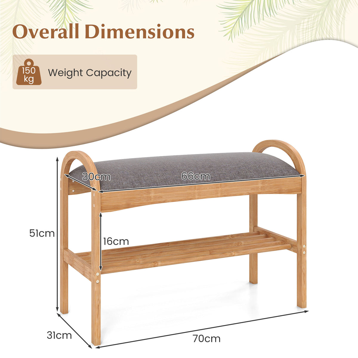 Bamboo Shoe Bench with Storage and Padded Cushion for Entrance