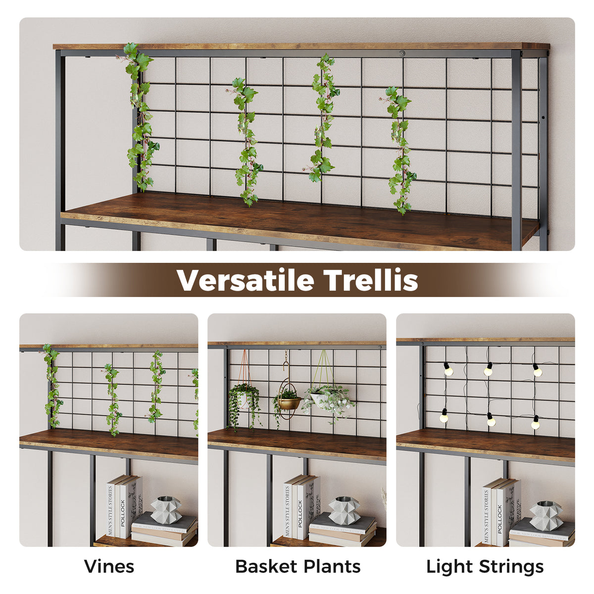 6-tier Tall Bookshelf, Industrial Freestanding Plant Stand with Metal Net