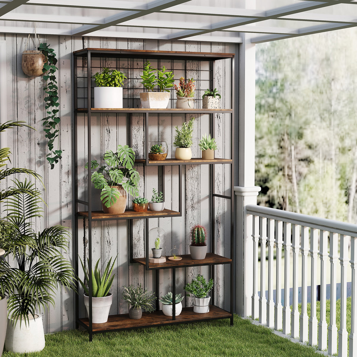 6-tier Tall Bookshelf, Industrial Freestanding Plant Stand with Metal Net