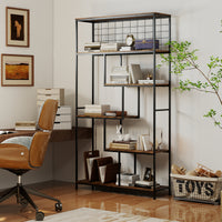 6-tier Tall Bookshelf, Industrial Freestanding Plant Stand with Metal Net